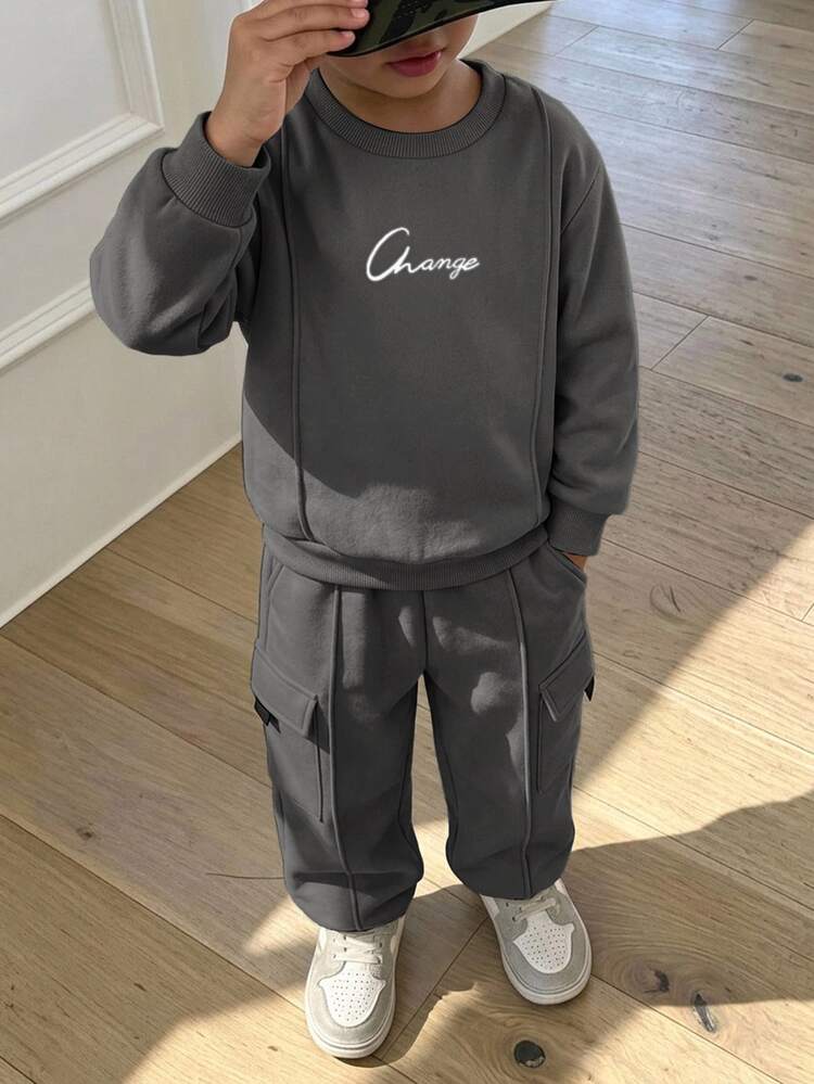 Bubblio 2pcs/Set Kids Young Boy Casual Cute Crew Neck Pullover Long Sleeve Sweatshirt With Patch Pockets And Cuffed Pants Knit Two Pieces Set Suitable For School, Garden, Beach, Birthday, Fall, Spring, Summer, Winter, Fleece, Thick - Dark Grey - View 3