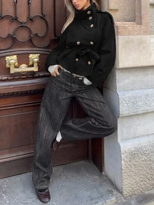 Siren Gaze Women's Solid Color Double-Breasted Long Sleeve Casual Jacket - Black - View 4