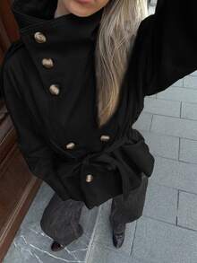 Siren Gaze Women's Solid Color Double-Breasted Long Sleeve Casual Jacket - Black - View 1