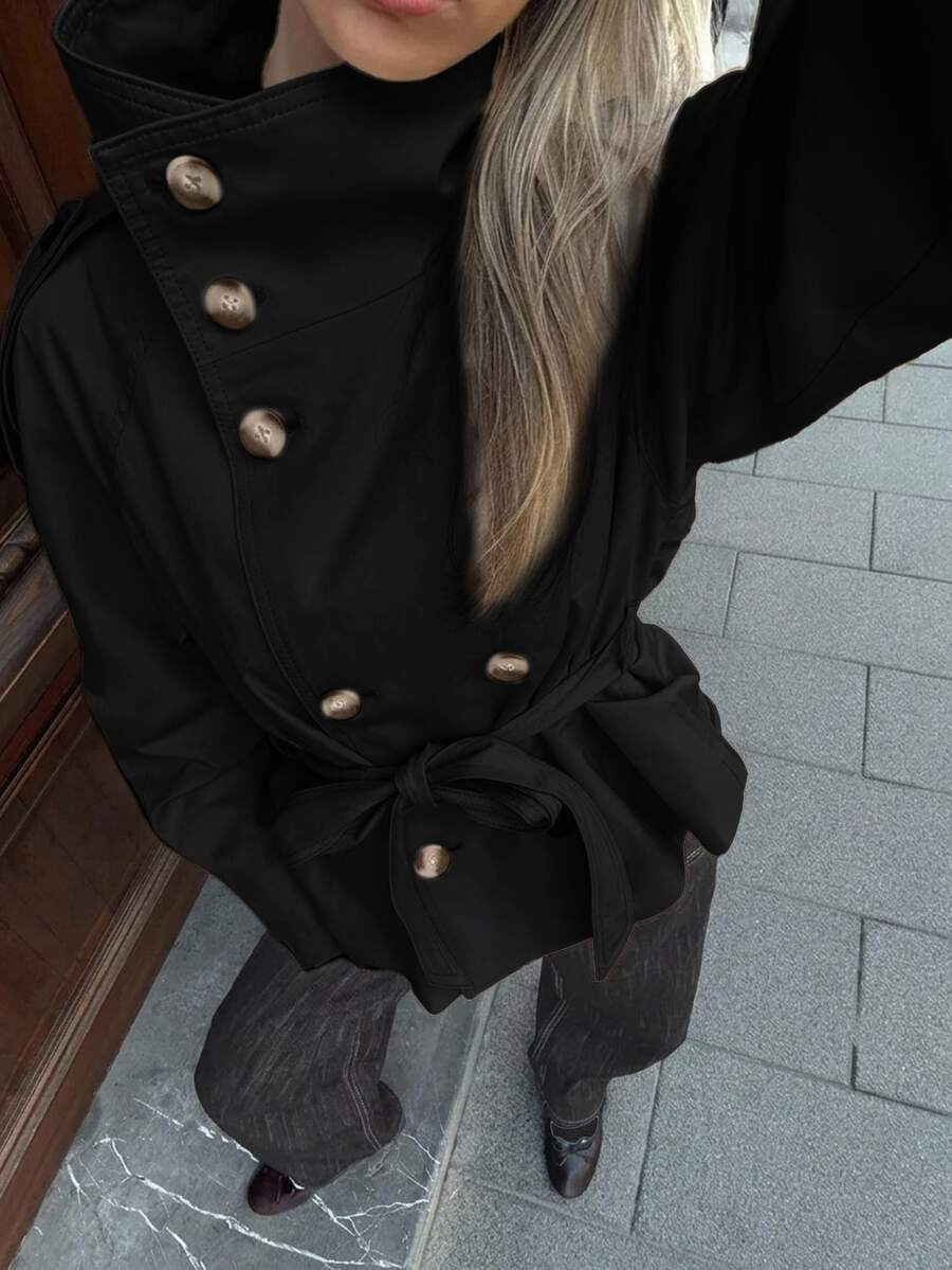 Siren Gaze Women's Solid Color Double-Breasted Long Sleeve Casual Jacket - Black - View 1