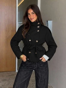 Siren Gaze Women's Solid Color Double-Breasted Long Sleeve Casual Jacket - Black - View 3