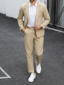 Manfinity Mode Men's Solid Color Casual Business Suit Set, Made Of Textured Fabric, Suitable For Daily Commute, Relaxed Work Environment Or Semi-Formal Occasions, Also An Ideal Gift For Boyfriend And Husband - Khaki - View 5
