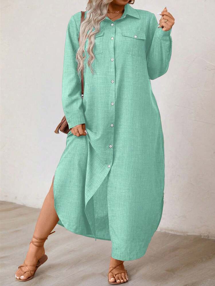 EMERY ROSE Plus Size Casual Front Button Long Shirt Dress Maxi Women Outfit Fall Cloth For Women - Mint Green - View 4