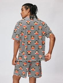 Paul Frank X SHEIN Men's Striped Short Sleeve Single-Breasted Shirt And Shorts Loungewear Set - Black and White - View 2