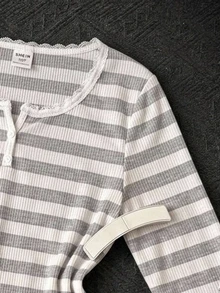 SHEIN Tween Girls Striped Pattern V-Neck Half-Button Scalloped Long Sleeve Pants Soft Comfortable Loungewear Pajama Set 2pcs - Multicolor - View 6