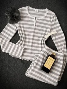 SHEIN Tween Girls Striped Pattern V-Neck Half-Button Scalloped Long Sleeve Pants Soft Comfortable Loungewear Pajama Set 2pcs - Multicolor - View 4
