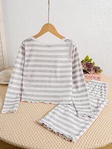 SHEIN Tween Girls Striped Pattern V-Neck Half-Button Scalloped Long Sleeve Pants Soft Comfortable Loungewear Pajama Set 2pcs - Multicolor - View 3
