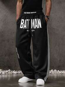 ROMWE MEN Batman X ROMWE Men's Letter Print Double Waistband Loose Fit Streetwear Sweatpants - Black - View 2