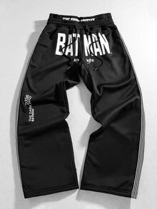 ROMWE MEN Batman X ROMWE Men's Letter Print Double Waistband Loose Fit Streetwear Sweatpants - Black - View 9