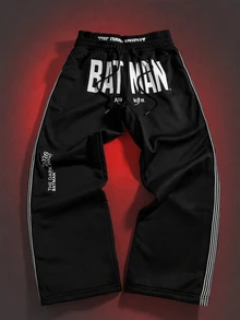 ROMWE MEN Batman X ROMWE Men's Letter Print Double Waistband Loose Fit Streetwear Sweatpants - Black - View 6