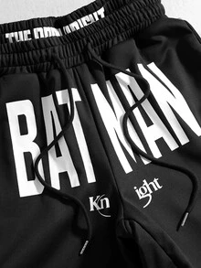 ROMWE MEN Batman X ROMWE Men's Letter Print Double Waistband Loose Fit Streetwear Sweatpants - Black - View 10