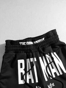 ROMWE MEN Batman X ROMWE Men's Letter Print Double Waistband Loose Fit Streetwear Sweatpants - Black - View 4