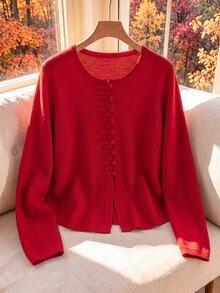 Rusticease Solid Button Front Sweater - Red - View 1