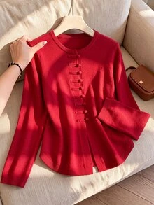 Rusticease Solid Button Front Sweater - Red - View 7