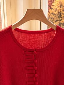 Rusticease Solid Button Front Sweater - Red - View 4