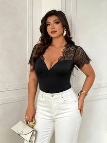 Femmeverse Women's Lace Patchwork Sheer Sexy Short Sleeve Bodysuit - Black - View 5