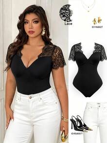 Femmeverse Women's Lace Patchwork Sheer Sexy Short Sleeve Bodysuit - Black - View 3
