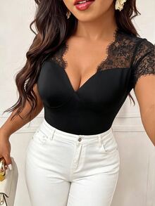 Femmeverse Women's Lace Patchwork Sheer Sexy Short Sleeve Bodysuit - Black - View 6