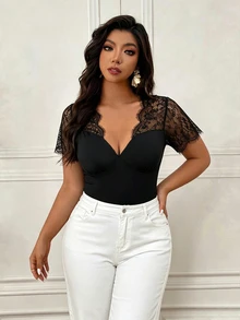 Femmeverse Women's Lace Patchwork Sheer Sexy Short Sleeve Bodysuit - Black - View 1