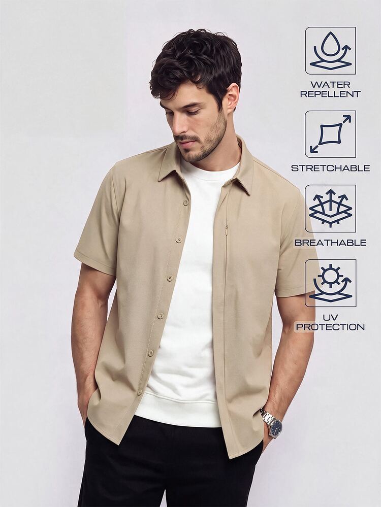 TekDrob Water Repellent And UV Protection Polyamide Shirt With Hidden Plackets And Front Single Pocket - Khaki - View 1