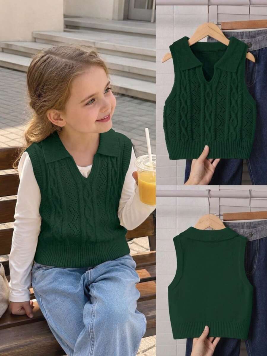 SHEIN Young Girl Vintage Cable Knit Fashion Versatile Vest - Dark Green - View 1