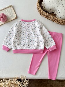 2pcs Baby Girl Fall Outfits Confetti Dot Print Long Sleeve Crew Neck Sweatshirt & Pink Leggings Set, Cute Pullover Top & Pants For Fall Winter - Multicolor - View 2