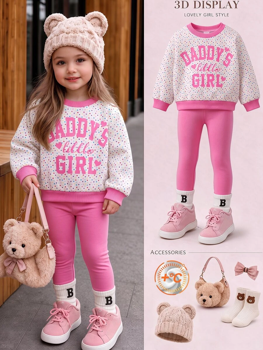 2pcs Baby Girl Fall Outfits Confetti Dot Print Long Sleeve Crew Neck Sweatshirt & Pink Leggings Set, Cute Pullover Top & Pants For Fall Winter - Multicolor - View 1