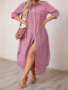 EMERY ROSE Plus Size Women's Solid Color Long Sleeve Shirt Dress Maxi Women Outfit Fall Cloth For Women - Pink - View 6