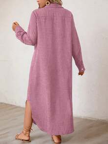 EMERY ROSE Plus Size Women's Solid Color Long Sleeve Shirt Dress Maxi Women Outfit Fall Cloth For Women - Pink - View 2
