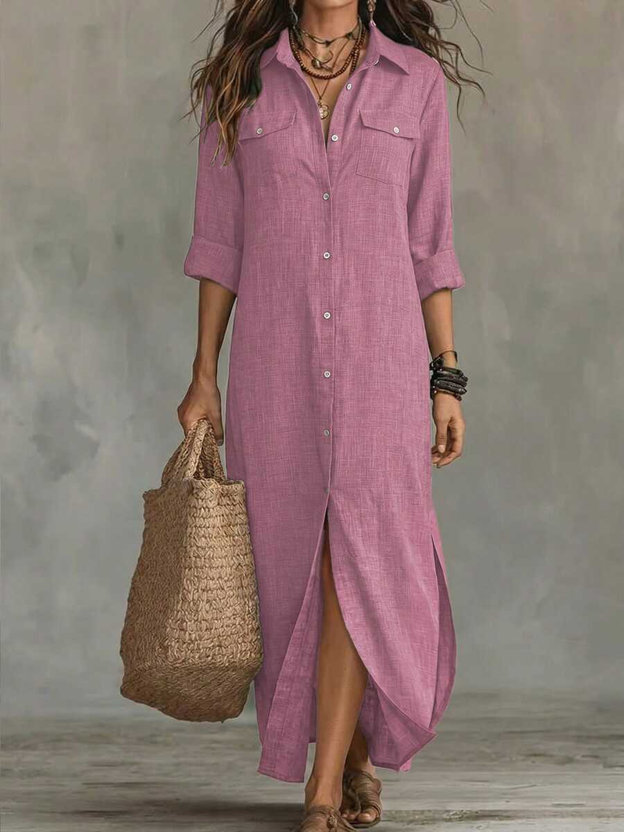 EMERY ROSE Plus Size Women's Solid Color Long Sleeve Shirt Dress Maxi Women Outfit Fall Cloth For Women - Pink - View 1