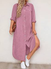 EMERY ROSE Plus Size Women's Solid Color Long Sleeve Shirt Dress Maxi Women Outfit Fall Cloth For Women - Pink - View 8