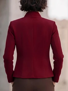SHEIN Clasi 女款純色立領前開襟荷葉邊高階優雅專業穿搭外套，適合派對、晚餐、辦公室、晚宴、街頭，秋季深紅色 - 酒紅色 - 查看 2
