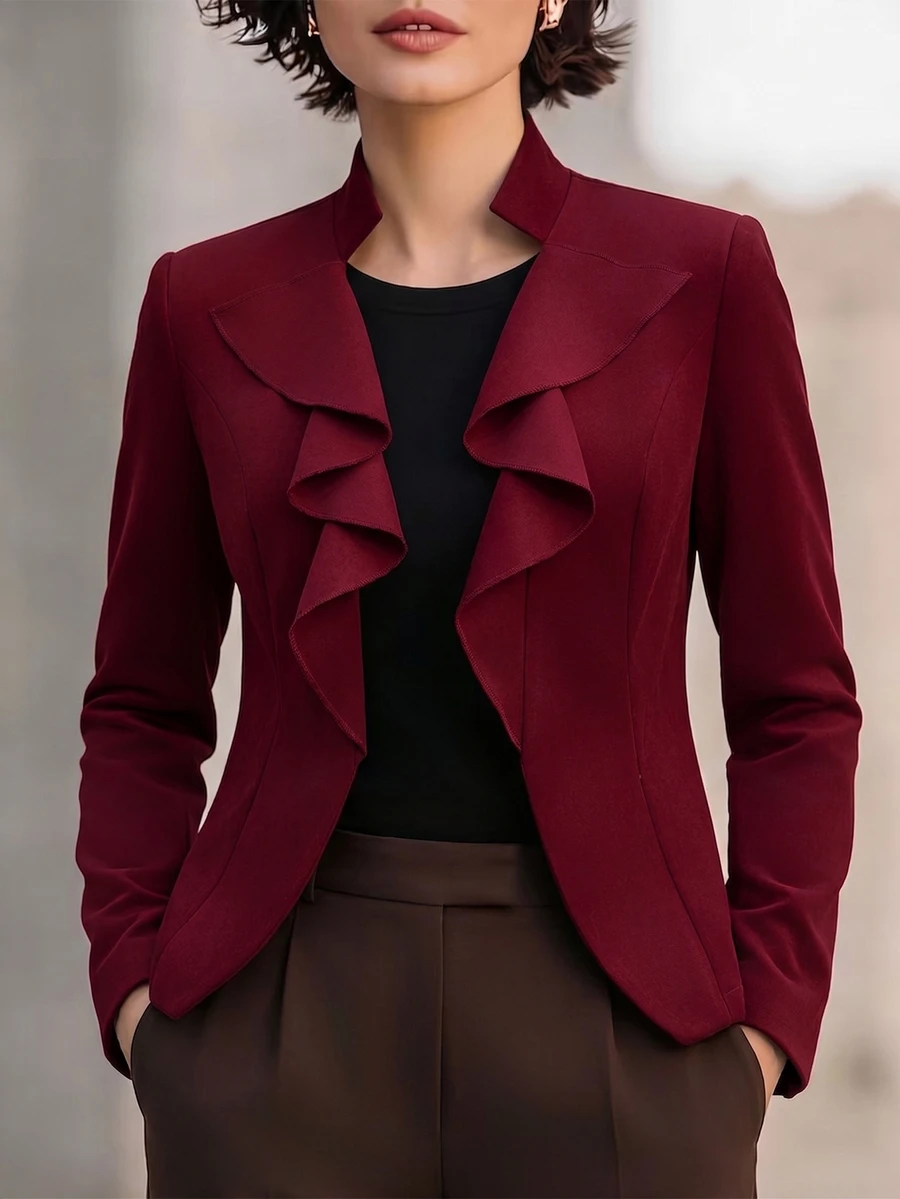 SHEIN Clasi 女款純色立領前開襟荷葉邊高階優雅專業穿搭外套,適合派對、晚餐、辦公室、晚宴、街頭,秋季深紅色 - 酒紅色 - 查看 1