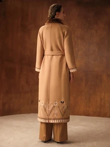 MOTF PREMIUM WOMEN'S VINTAGE ELEGANT EMBROIDERED FAUX FUR PATCHWORK COLLAR OVERCOAT - Brown - View 9