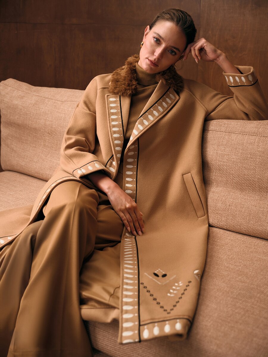 MOTF PREMIUM WOMEN'S VINTAGE ELEGANT EMBROIDERED FAUX FUR PATCHWORK COLLAR OVERCOAT