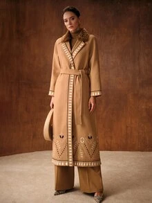 MOTF PREMIUM WOMEN'S VINTAGE ELEGANT EMBROIDERED FAUX FUR PATCHWORK COLLAR OVERCOAT - Brown - View 5