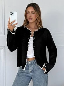 Solflare Sweater Kardigan Lengan Panjang Hitam Ukuran Besar untuk Wanita Musim Gugur/Musim Dingin - Hitam - View 1