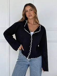 Solflare Sweater Kardigan Lengan Panjang Hitam Ukuran Besar untuk Wanita Musim Gugur/Musim Dingin - Hitam - View 6
