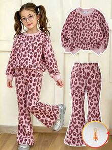 SHEIN Elladie kids 女童 2 件套 時尚簡約豹紋長袖抓絨衛衣上衣與豹紋喇叭褲 柔軟套裝 適合秋冬外出穿著 - 彩色 - 查看 7