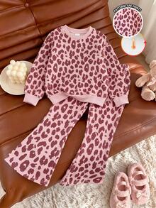 SHEIN Elladie kids 女童 2 件套 時尚簡約豹紋長袖抓絨衛衣上衣與豹紋喇叭褲 柔軟套裝 適合秋冬外出穿著 - 彩色 - 查看 1