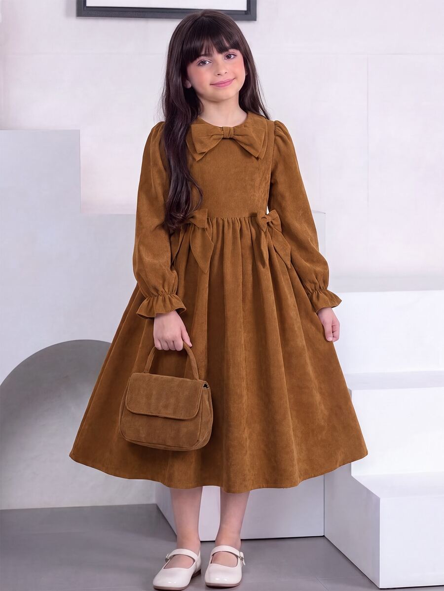 SHEIN 少女棕色燈芯絨荷葉邊鬆緊腰A字洋裝 - 棕色 - 查看 1