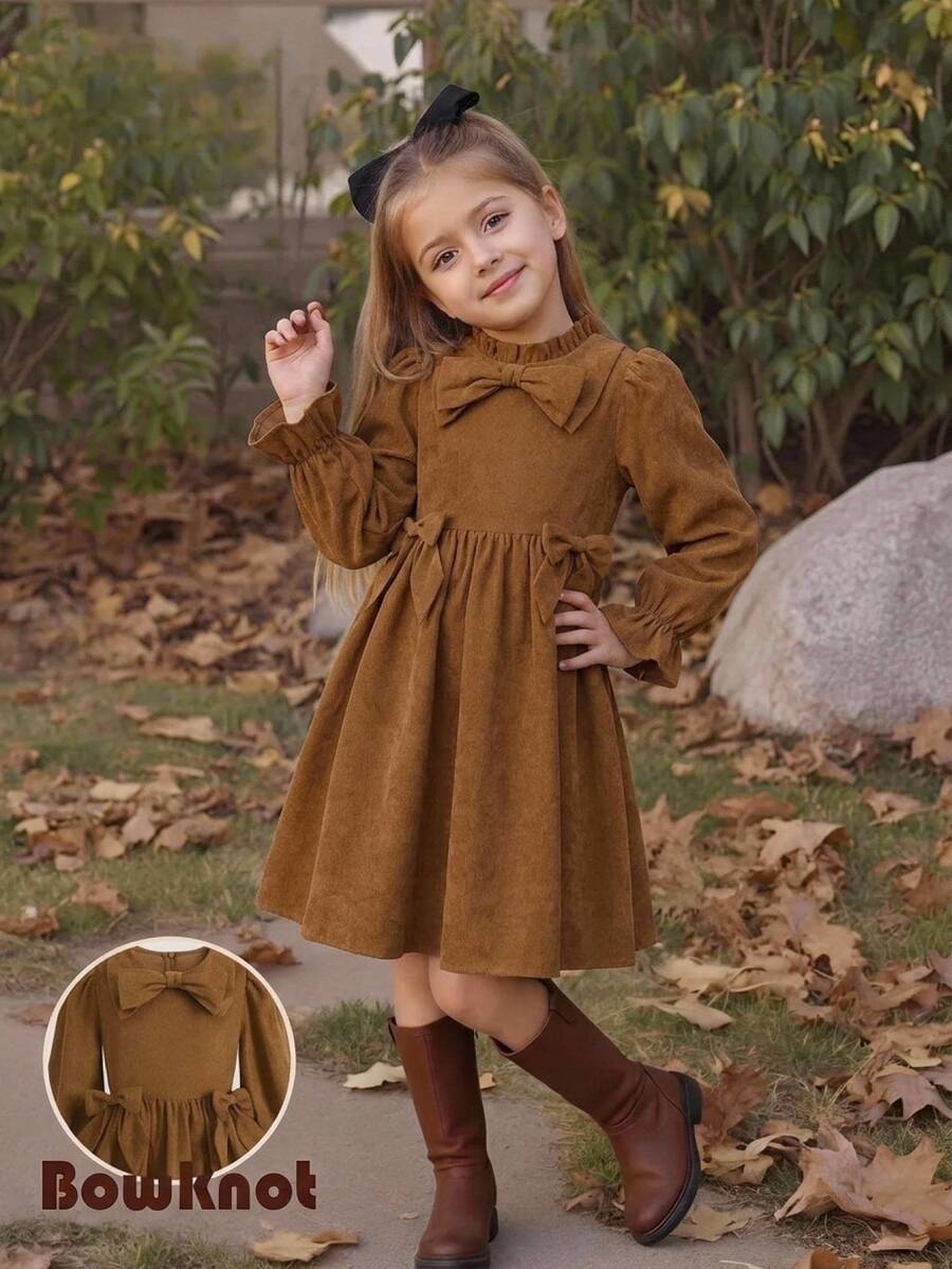 SHEIN Tween Girl Brown Corduroy Ruffle Smocked Waist A-Line Dress - Brown - View 1