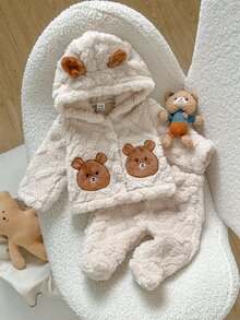 SHEIN 2件組新生女嬰外套連腳褲，可愛甜美奶油米色 3D熊耳長袖連帽加厚毛絨款，適合生日派對、冬季秋季、聖誕節 - 卡其色 - 查看 8