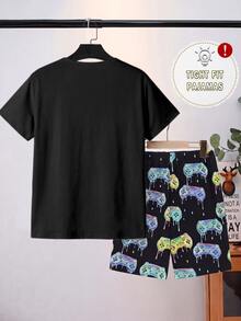 SHEIN Tween Boys Pajamas 2pcs Set, Chicken & Banana Graphic Print Short Sleeve Knit Top And Allover Print Shorts, Snug Fit Sleepwear - Black - View 2