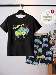 SHEIN Tween Boys Pajamas 2pcs Set, Chicken & Banana Graphic Print Short Sleeve Knit Top And Allover Print Shorts, Snug Fit Sleepwear - Black - View 4