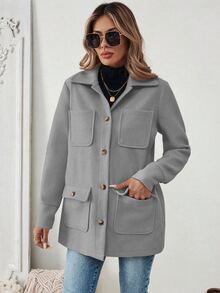 SHEIN PariChic 女款素色口袋休閒簡約百搭長袖夾克，日常旅行穿著，淺灰色，秋冬款 - 灰色 - 查看 6