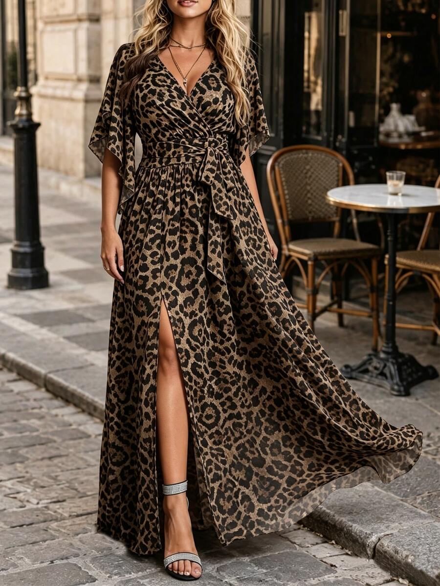 Velvienne Plus Size Women's Classic Leopard Print Fitted V-Neck Flare Short Sleeve Tie Waist Ruched Slit Elegant Club Party Dress - Brown - View 1