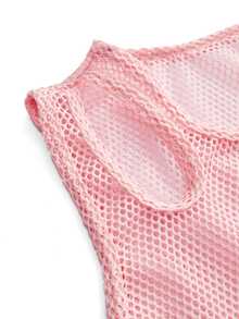 SHEIN Cheerettes 素色鏤空魚網運動背心 - 粉色 - 查看 6