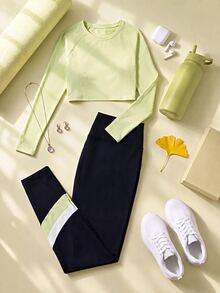 SHEIN Cheerettes Setelan Olahraga Kasual Sehari-hari untuk Wanita Ukuran Plus, Atasan Lengan Panjang Warna Polos dan Legging - MultiWarna - View 2