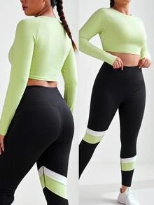 SHEIN Cheerettes Setelan Olahraga Kasual Sehari-hari untuk Wanita Ukuran Plus, Atasan Lengan Panjang Warna Polos dan Legging - MultiWarna - View 15